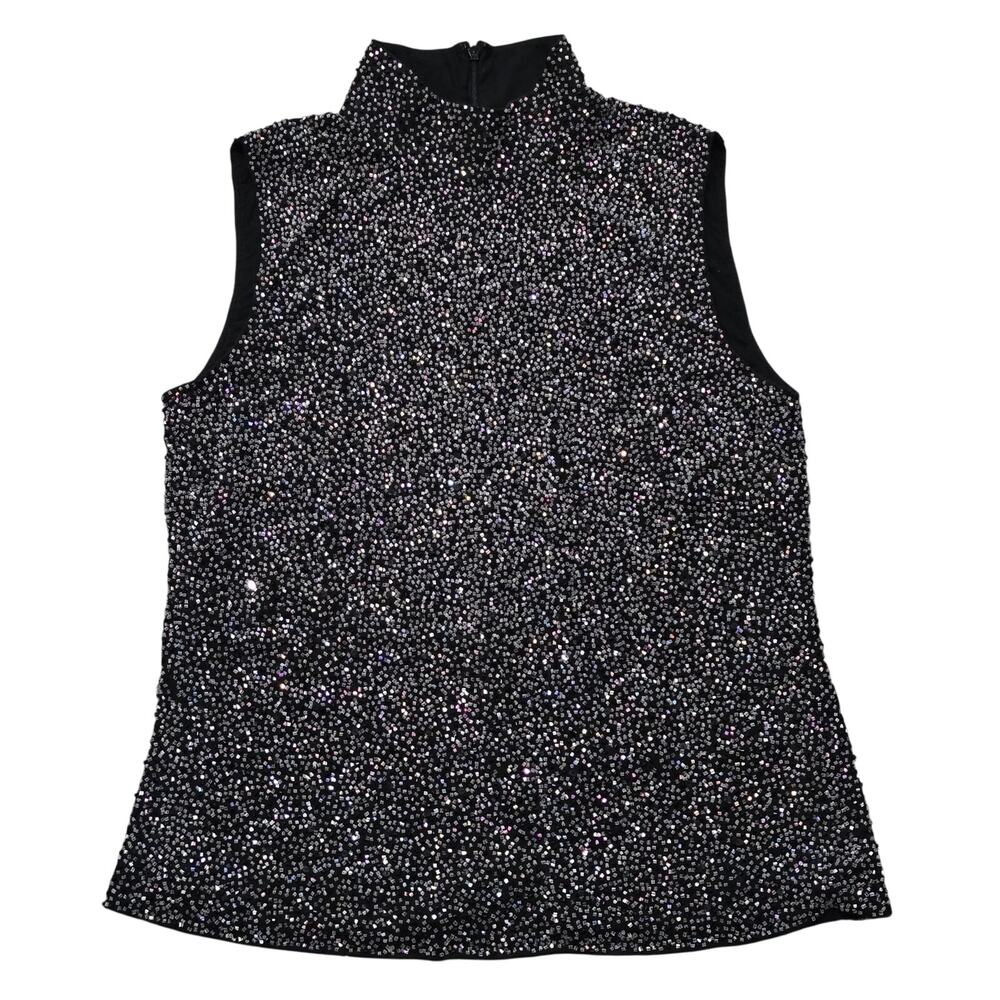 Vintage Carlisle Black Beaded Sequin Mock Neck Blouse Sleeveless Top